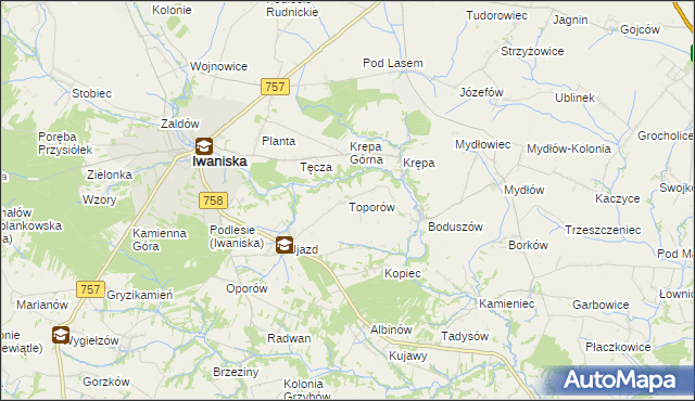 mapa Toporów gmina Iwaniska, Toporów gmina Iwaniska na mapie Targeo