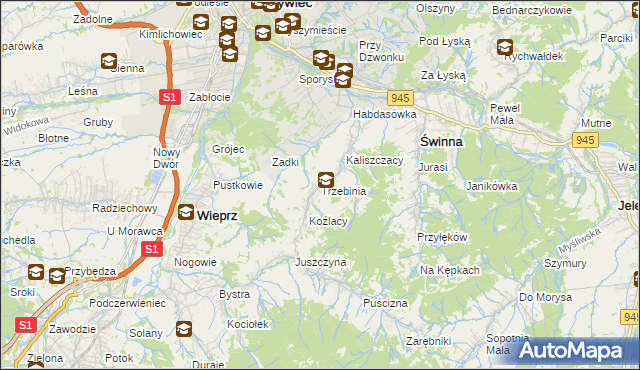 mapa Trzebinia gmina Świnna, Trzebinia gmina Świnna na mapie Targeo