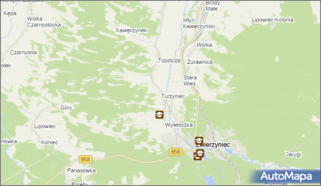 mapa Turzyniec gmina Zwierzyniec, Turzyniec gmina Zwierzyniec na mapie Targeo