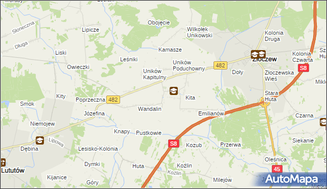 mapa Uników gmina Złoczew, Uników gmina Złoczew na mapie Targeo