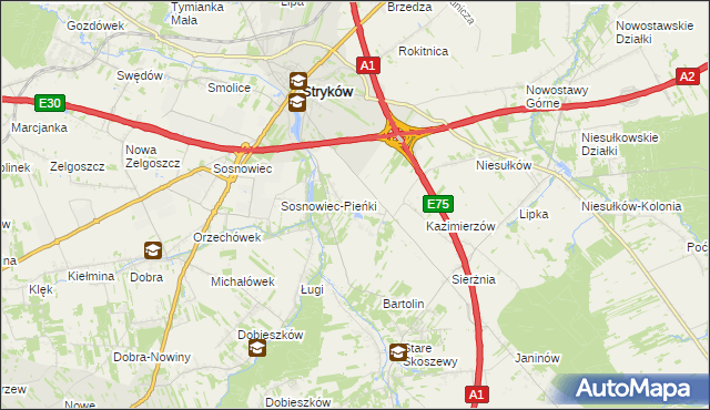 mapa Warszewice gmina Stryków, Warszewice gmina Stryków na mapie Targeo