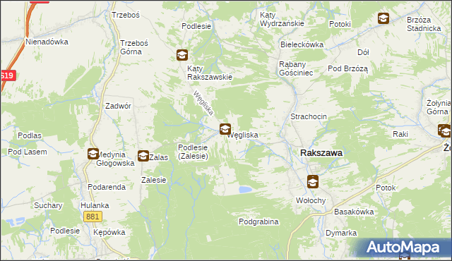 mapa Węgliska gmina Rakszawa, Węgliska gmina Rakszawa na mapie Targeo