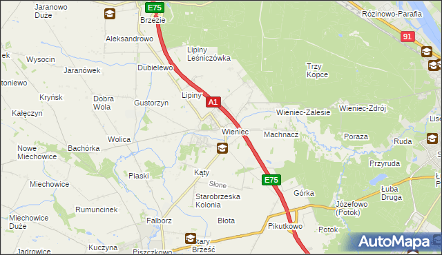 mapa Wieniec gmina Brześć Kujawski, Wieniec gmina Brześć Kujawski na mapie Targeo