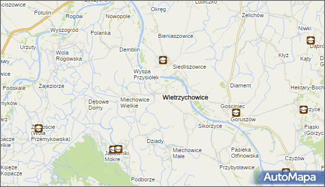 mapa Wietrzychowice powiat tarnowski, Wietrzychowice powiat tarnowski na mapie Targeo