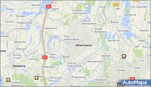 mapa Wilamowice powiat bielski, Wilamowice powiat bielski na mapie Targeo