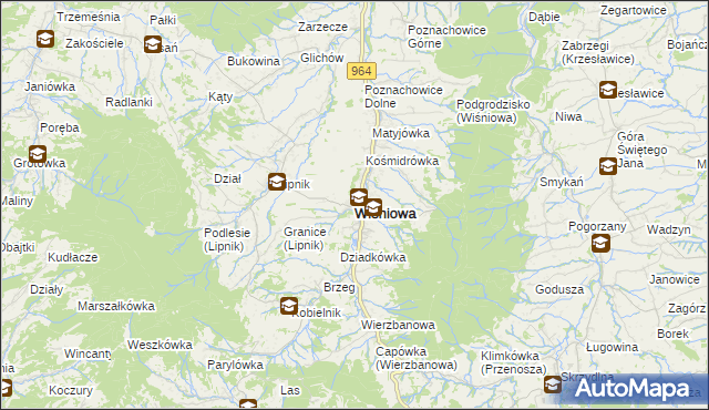 mapa Wiśniowa powiat myślenicki, Wiśniowa powiat myślenicki na mapie Targeo