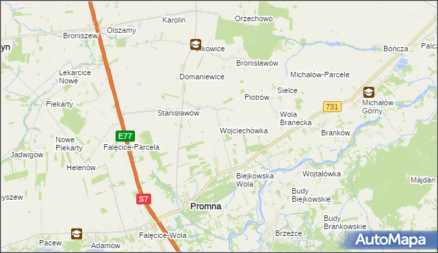 mapa Wojciechówka gmina Promna, Wojciechówka gmina Promna na mapie Targeo