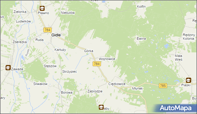 mapa Wojnowice gmina Gidle, Wojnowice gmina Gidle na mapie Targeo