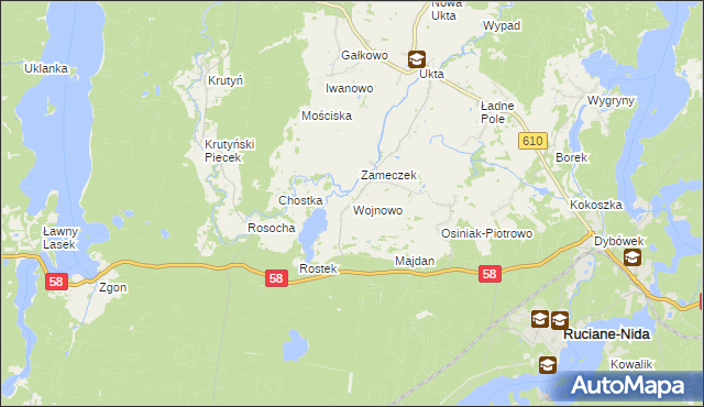 mapa Wojnowo gmina Ruciane-Nida, Wojnowo gmina Ruciane-Nida na mapie Targeo