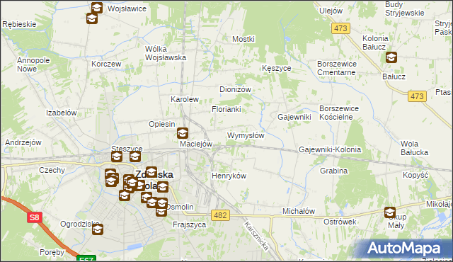 mapa Wymysłów gmina Zduńska Wola, Wymysłów gmina Zduńska Wola na mapie Targeo