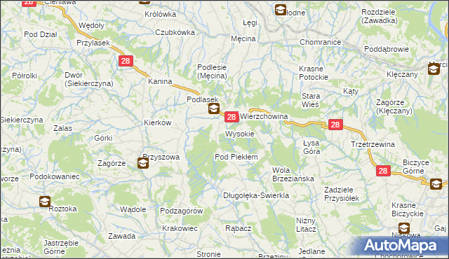 mapa Wysokie gmina Limanowa, Wysokie gmina Limanowa na mapie Targeo