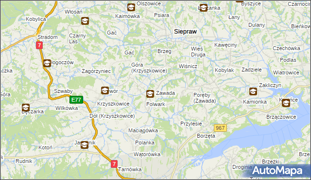 mapa Zawada gmina Myślenice, Zawada gmina Myślenice na mapie Targeo