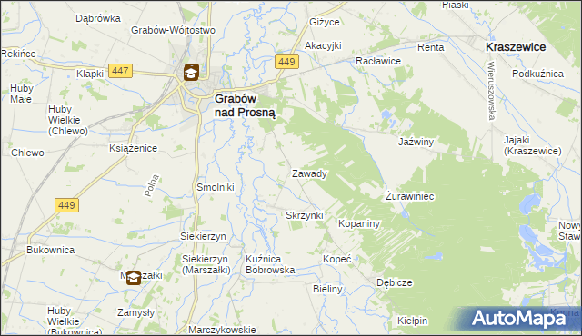 mapa Zawady gmina Grabów nad Prosną, Zawady gmina Grabów nad Prosną na mapie Targeo