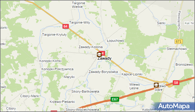 mapa Zawady powiat białostocki, Zawady powiat białostocki na mapie Targeo