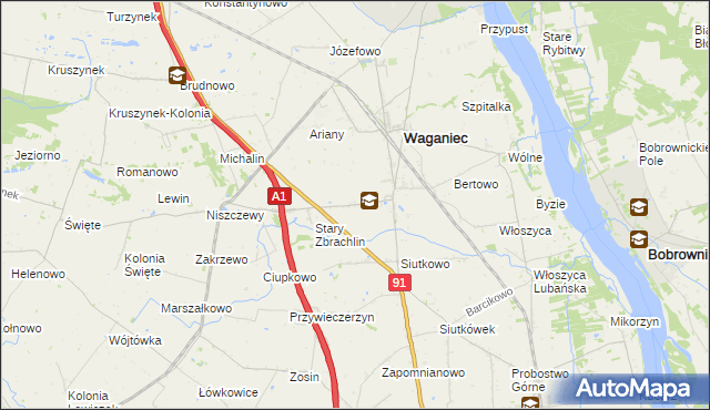 mapa Zbrachlin gmina Waganiec, Zbrachlin gmina Waganiec na mapie Targeo