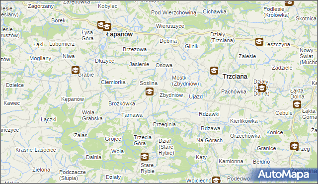 mapa Zbydniów gmina Łapanów, Zbydniów gmina Łapanów na mapie Targeo