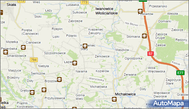 mapa Żerkowice gmina Iwanowice, Żerkowice gmina Iwanowice na mapie Targeo