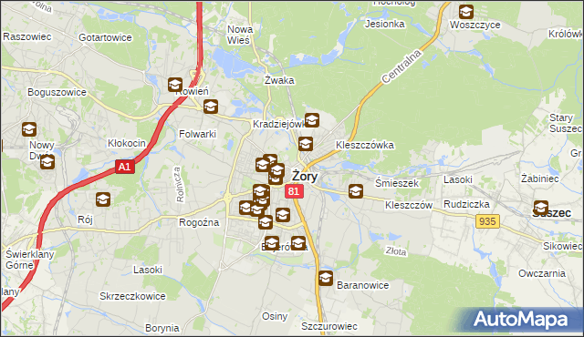 mapa Żor, Żory na mapie Targeo