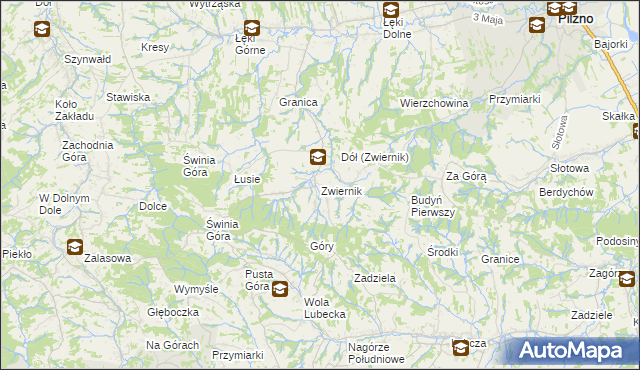 mapa Zwiernik gmina Pilzno, Zwiernik gmina Pilzno na mapie Targeo