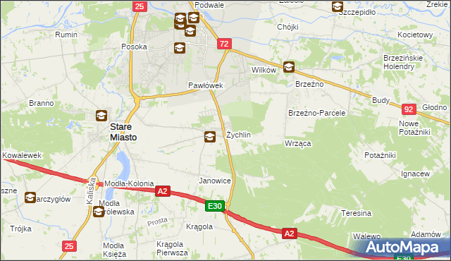 mapa Żychlin gmina Stare Miasto, Żychlin gmina Stare Miasto na mapie Targeo