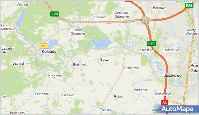 mapa Goszyn gmina Pruszcz Gdański, Goszyn gmina Pruszcz Gdański na mapie Targeo