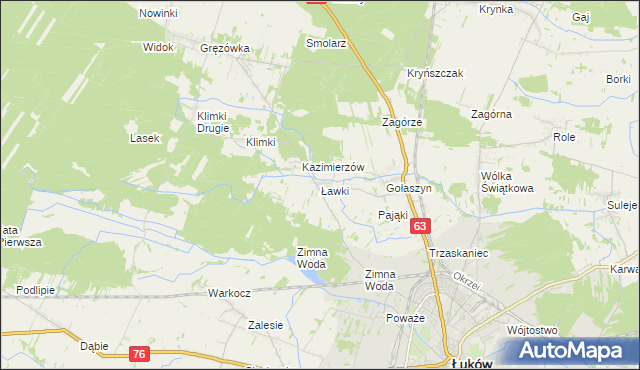 mapa Ławki gmina Łuków, Ławki gmina Łuków na mapie Targeo