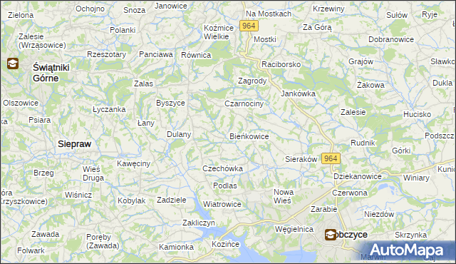 mapa Bieńkowice gmina Dobczyce, Bieńkowice gmina Dobczyce na mapie Targeo