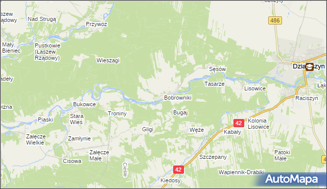 mapa Bobrowniki gmina Działoszyn, Bobrowniki gmina Działoszyn na mapie Targeo