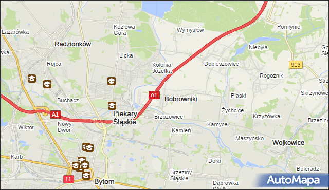 mapa Bobrowniki powiat będziński, Bobrowniki powiat będziński na mapie Targeo