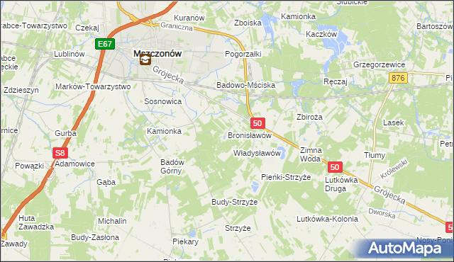 mapa Bronisławów gmina Mszczonów, Bronisławów gmina Mszczonów na mapie Targeo