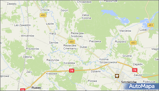 mapa Dubie gmina Szczerców, Dubie gmina Szczerców na mapie Targeo