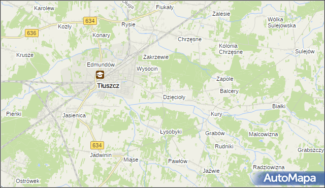 mapa Dzięcioły gmina Tłuszcz, Dzięcioły gmina Tłuszcz na mapie Targeo