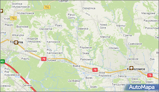 mapa Filipowice gmina Krzeszowice, Filipowice gmina Krzeszowice na mapie Targeo