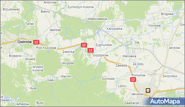 mapa Goździków gmina Gielniów, Goździków gmina Gielniów na mapie Targeo