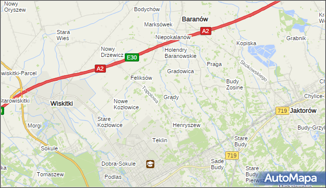 mapa Grądy gmina Jaktorów, Grądy gmina Jaktorów na mapie Targeo