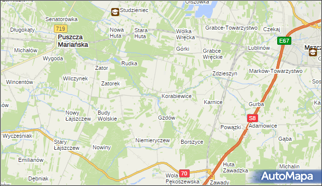 mapa Korabiewice, Korabiewice na mapie Targeo