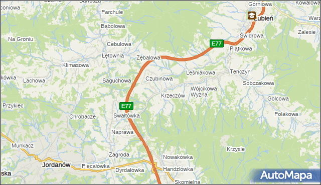 mapa Krzeczów gmina Lubień, Krzeczów gmina Lubień na mapie Targeo