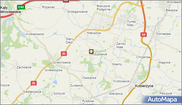 mapa Krzyżowice gmina Kobierzyce, Krzyżowice gmina Kobierzyce na mapie Targeo
