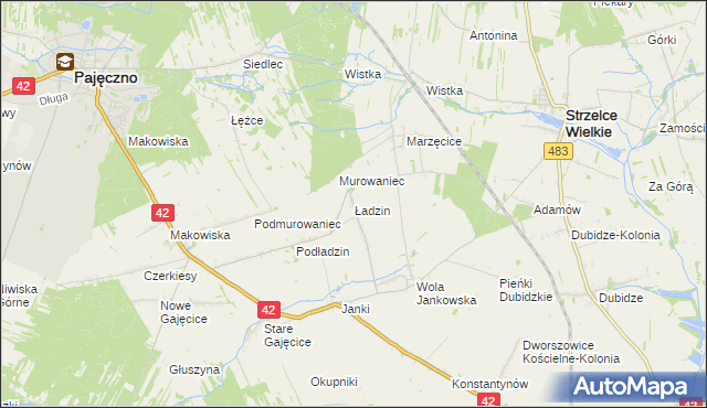 mapa Ładzin gmina Pajęczno, Ładzin gmina Pajęczno na mapie Targeo