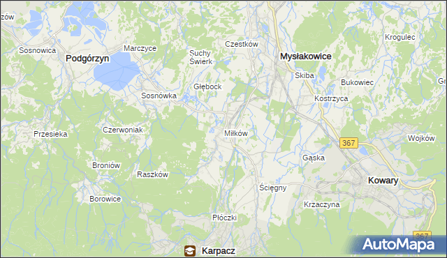 mapa Miłków gmina Podgórzyn, Miłków gmina Podgórzyn na mapie Targeo