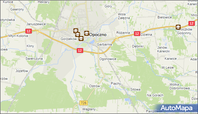 mapa Ogonowice gmina Opoczno, Ogonowice gmina Opoczno na mapie Targeo