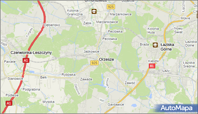 mapa Orzesze powiat mikołowski, Orzesze powiat mikołowski na mapie Targeo