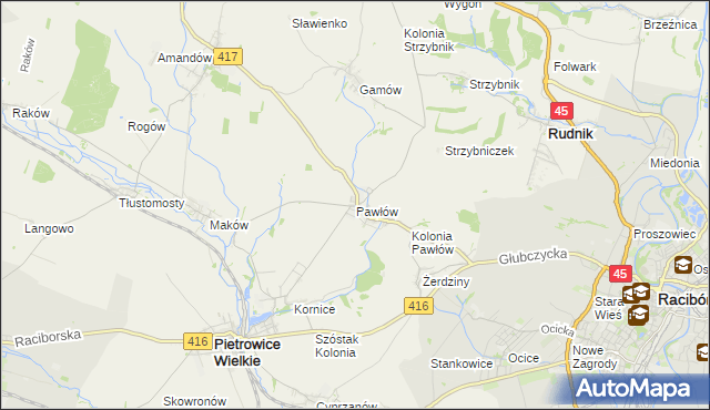 mapa Pawłów gmina Pietrowice Wielkie, Pawłów gmina Pietrowice Wielkie na mapie Targeo