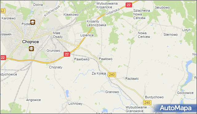 mapa Pawłowo gmina Chojnice, Pawłowo gmina Chojnice na mapie Targeo