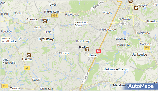 mapa Radlin powiat wodzisławski, Radlin powiat wodzisławski na mapie Targeo