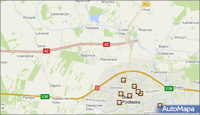 mapa Rakowiska gmina Biała Podlaska, Rakowiska gmina Biała Podlaska na mapie Targeo