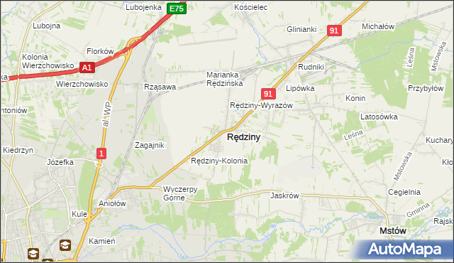 mapa Rędziny powiat częstochowski, Rędziny powiat częstochowski na mapie Targeo