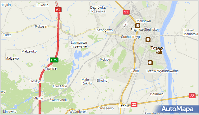 mapa Rokitki gmina Tczew, Rokitki gmina Tczew na mapie Targeo