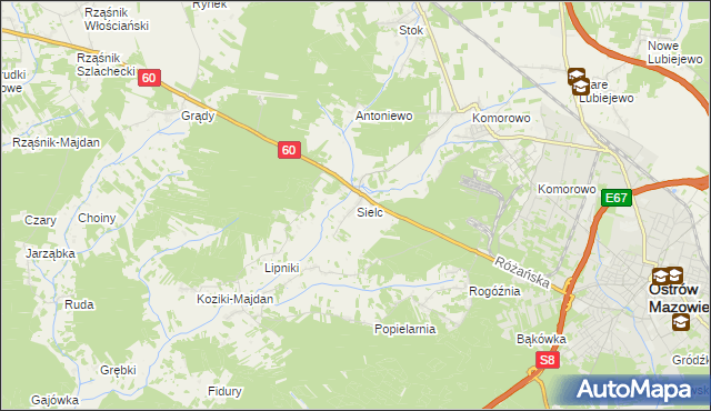 mapa Sielc gmina Ostrów Mazowiecka, Sielc gmina Ostrów Mazowiecka na mapie Targeo