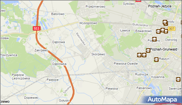 mapa Skórzewo gmina Dopiewo, Skórzewo gmina Dopiewo na mapie Targeo